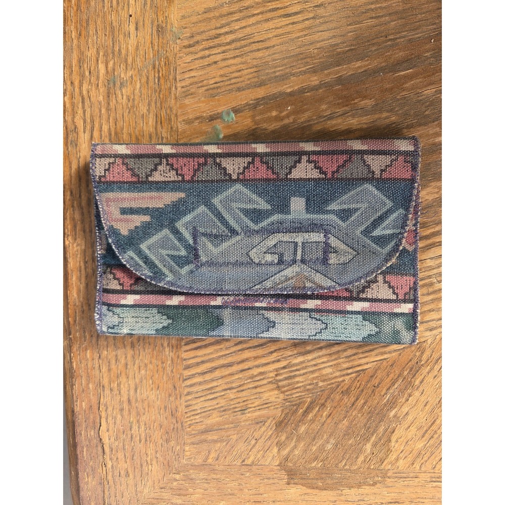 Vintage Southwestern Tapestry Wallet Geometric Tribal Woven Boho Tri-Fold Blue